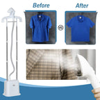 Upright steamer next to before-and-after shirts with visible wrinkle removal