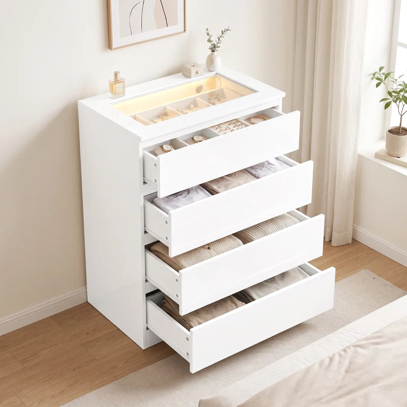 White 4-drawer jewelry chest with stacked drawers pulled out on a frame