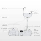 Portable camping sink with metal faucet, soap dispenser, towel rack, and wheel base