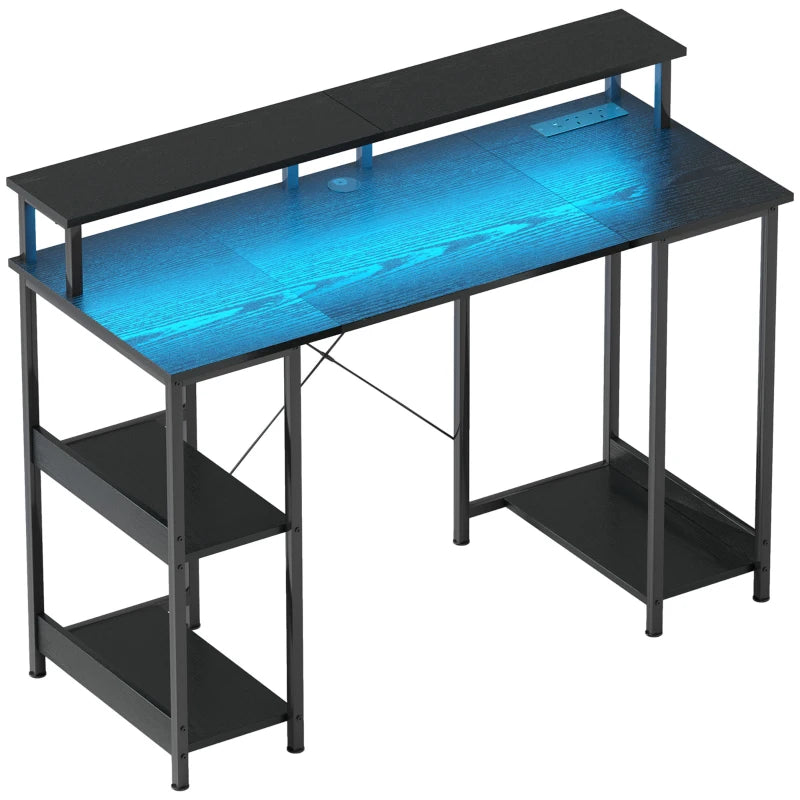 Black LED computer desk with blue light bar and open side shelves