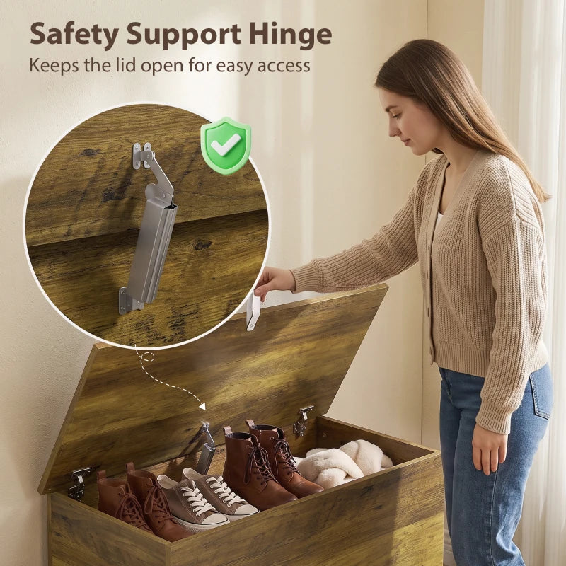 Brown storage chest with safety support hinge holding lid open for easy access.