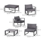Grey outdoor sofa set layout with armchairs, loveseat, footrest bench, and coffee table