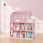 Pink 3-level modern dollhouse with open rooms and white balcony-style railing.