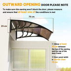 Brown arched door canopy awning with clearance diagram alongside the door frame