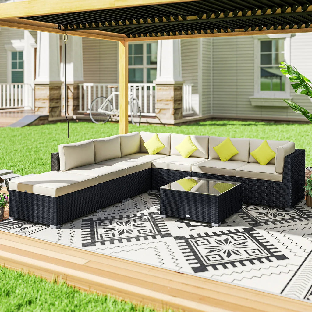 8 Piece Rattan Corner Sofa Set with Wide & Deep Seat, Assembled Aluminium PE Rattan Garden Furniture Set with Thick Cushions and Glass Top Table for Outdoor, Conservatory, Black - Bobobiy