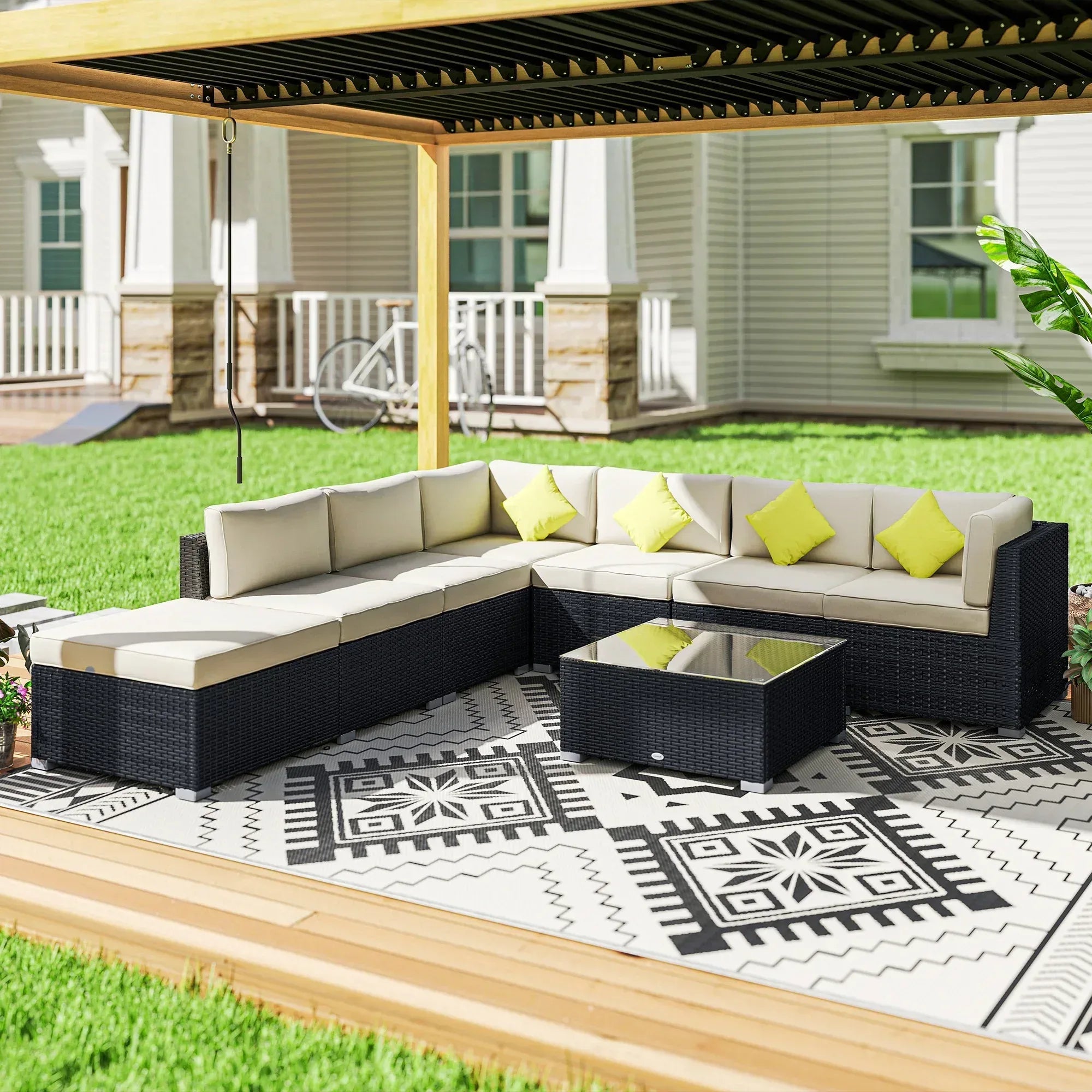 8 Piece Rattan Corner Sofa Set with Wide & Deep Seat, Assembled Aluminium PE Rattan Garden Furniture Set with Thick Cushions and Glass Top Table for Outdoor, Conservatory, Black - Bobobiy