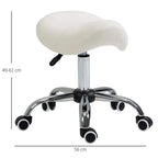 Cream saddle stool with hydraulic-height chrome base and rolling casters