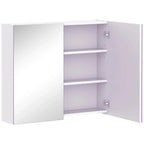 White wall-mounted bathroom cabinet with two doors and three interior shelves, open view