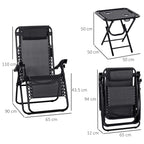 Black folding lounge chairs with adjustable back and footrests, plus side table
