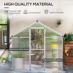 White aluminium frame greenhouse with clear polycarbonate wall panels and door area