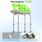 Adjustable-height shower stool with aluminum frame and blue perforated seat, reinforced legs