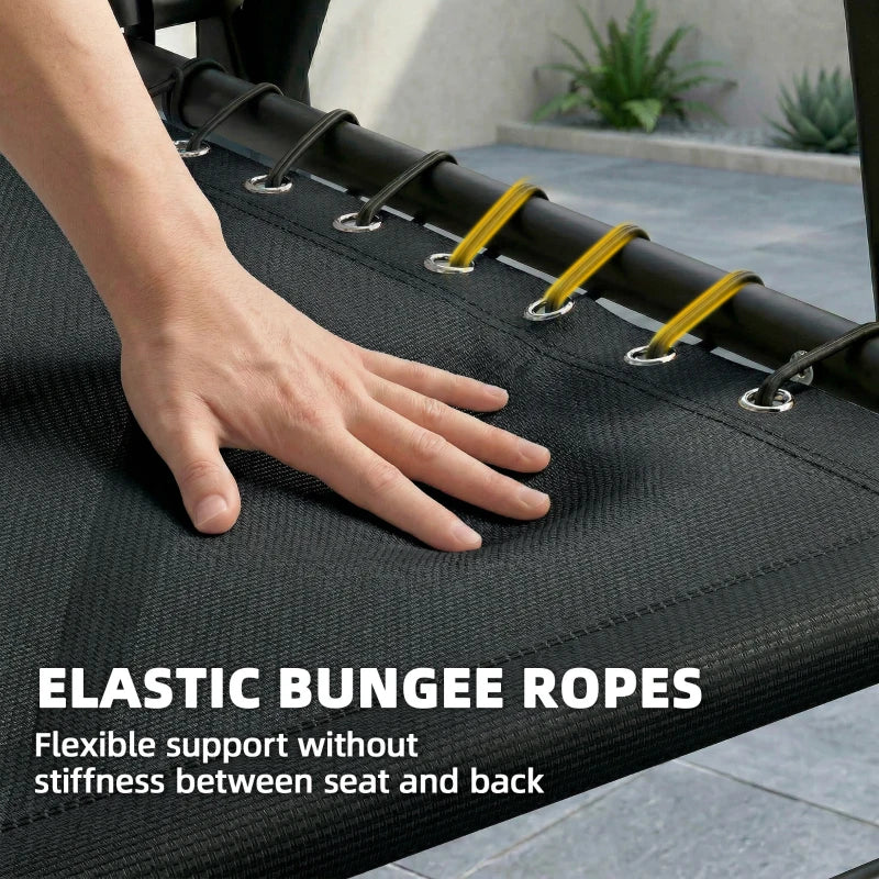 Black texteline seat with elastic bungee ropes and armrest frame on folding chair