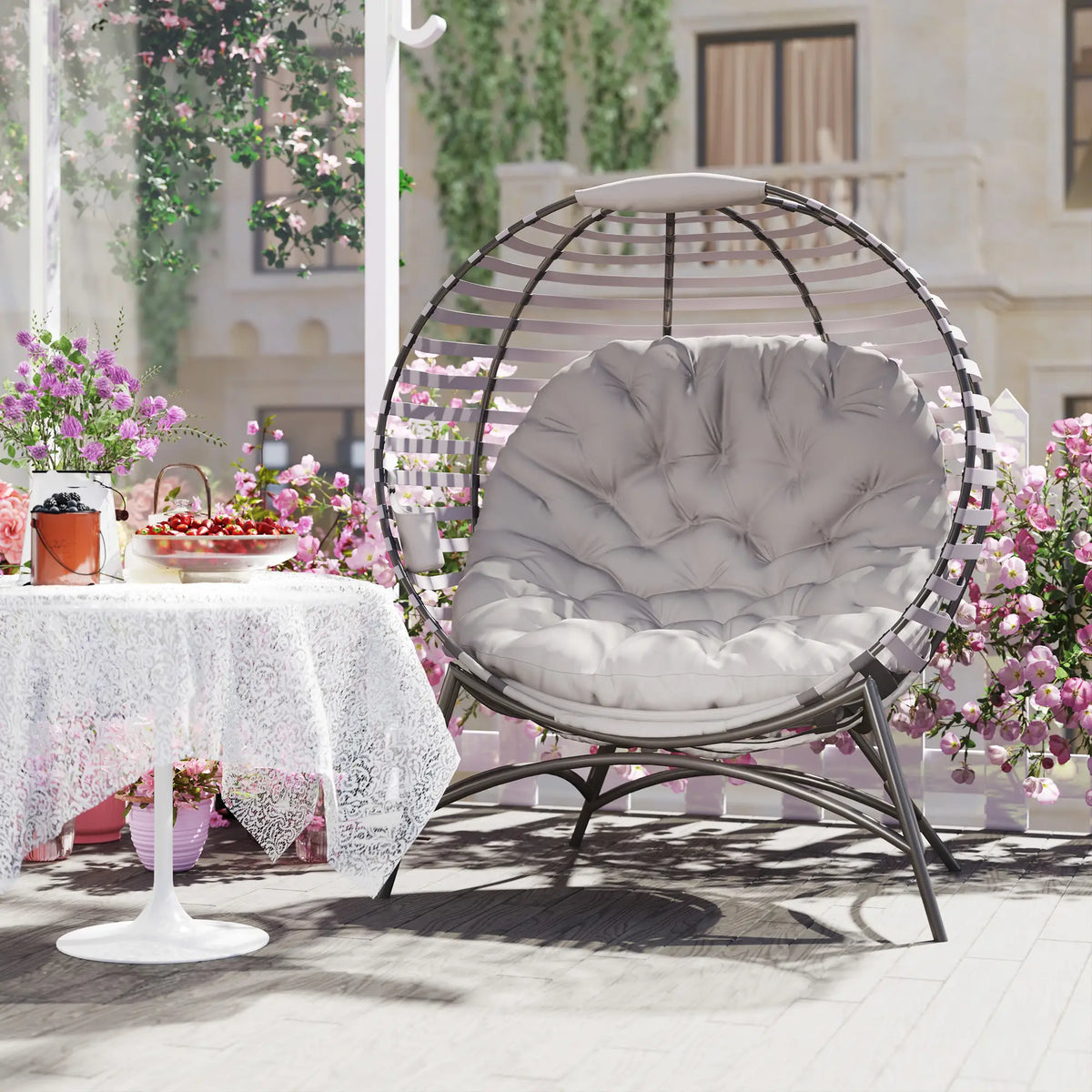 Outsunny Egg Chair with Cushion & Side Pocket Light Grey
