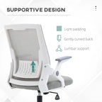 Grey mesh office chair with curved back support and lumbar support, padded seat