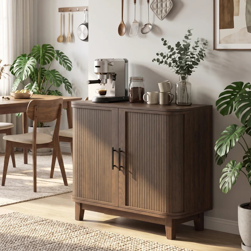 Dark walnut sideboard buffet cabinet with curved double doors and vertical wood grain