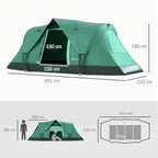 Dark green dome tent with dimension markers and front doorway