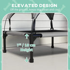 Elevated cooling pet bed with light grey frame and canopy over raised base