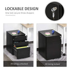 Black three-drawer lockable filing cabinet with key cylinder and locked/unlocked views