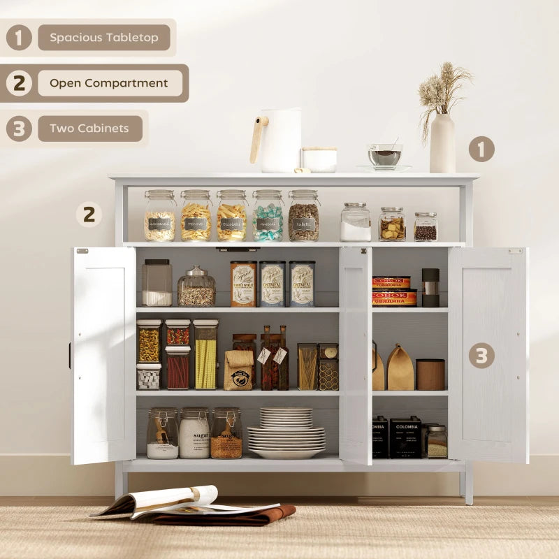 White sideboard opened to show storage shelves and two cabinet compartments