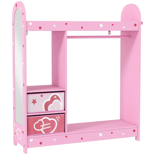 Pink kids clothes wardrobe rail with two open shelves and fabric storage bins