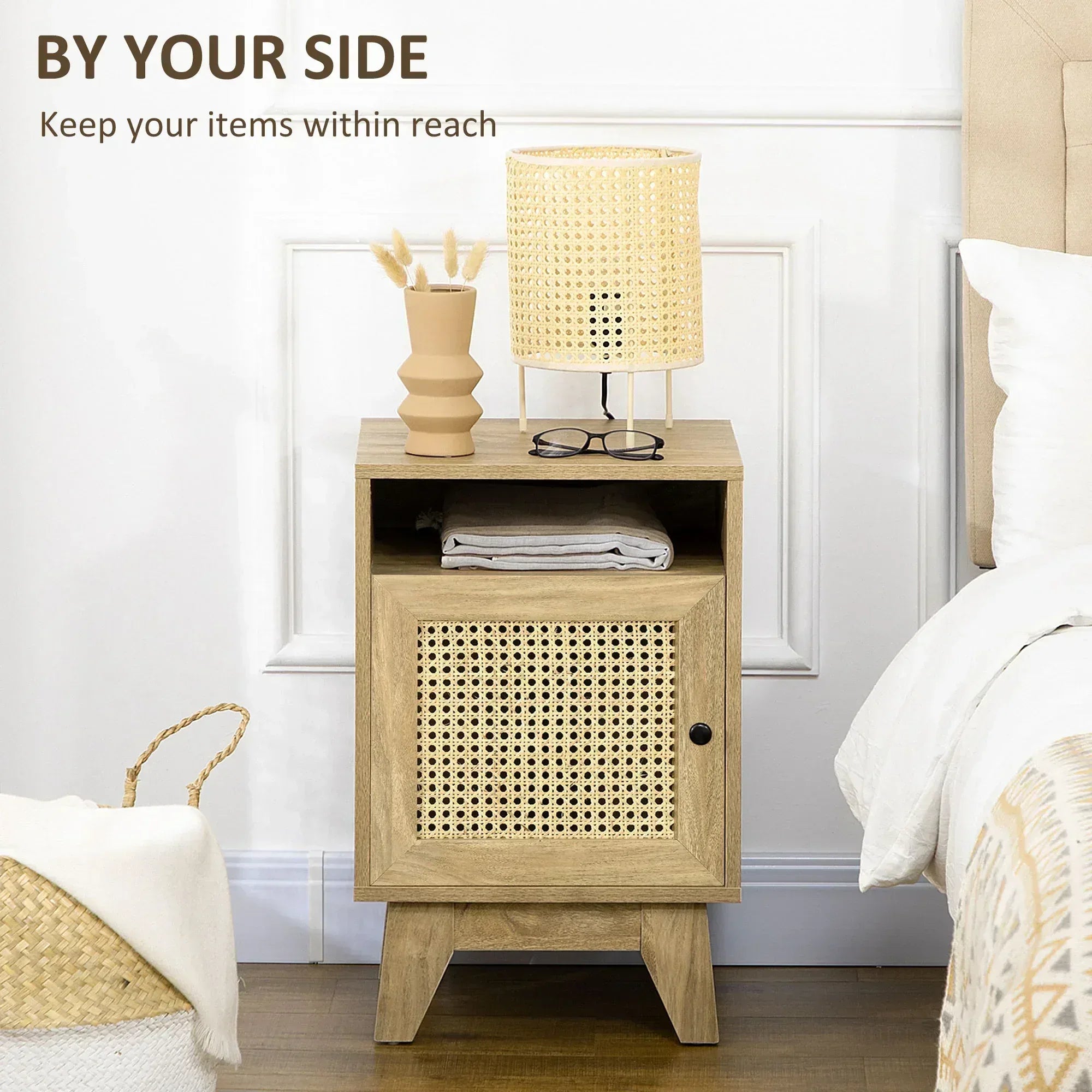 2-Piece Narrow Rattan Nightstands, Side End Table with Shelf and Cupboard, 39cm x 35cm x 60cm, Natural - Bobobiy