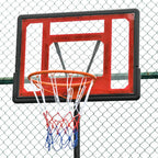 Red basketball backboard and rim with white net attached to black frame