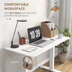 White electric standing desk with 120 x 60 cm top and two side hooks