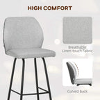 Light grey bar stool with linen-touch fabric, curved back padding, black steel legs