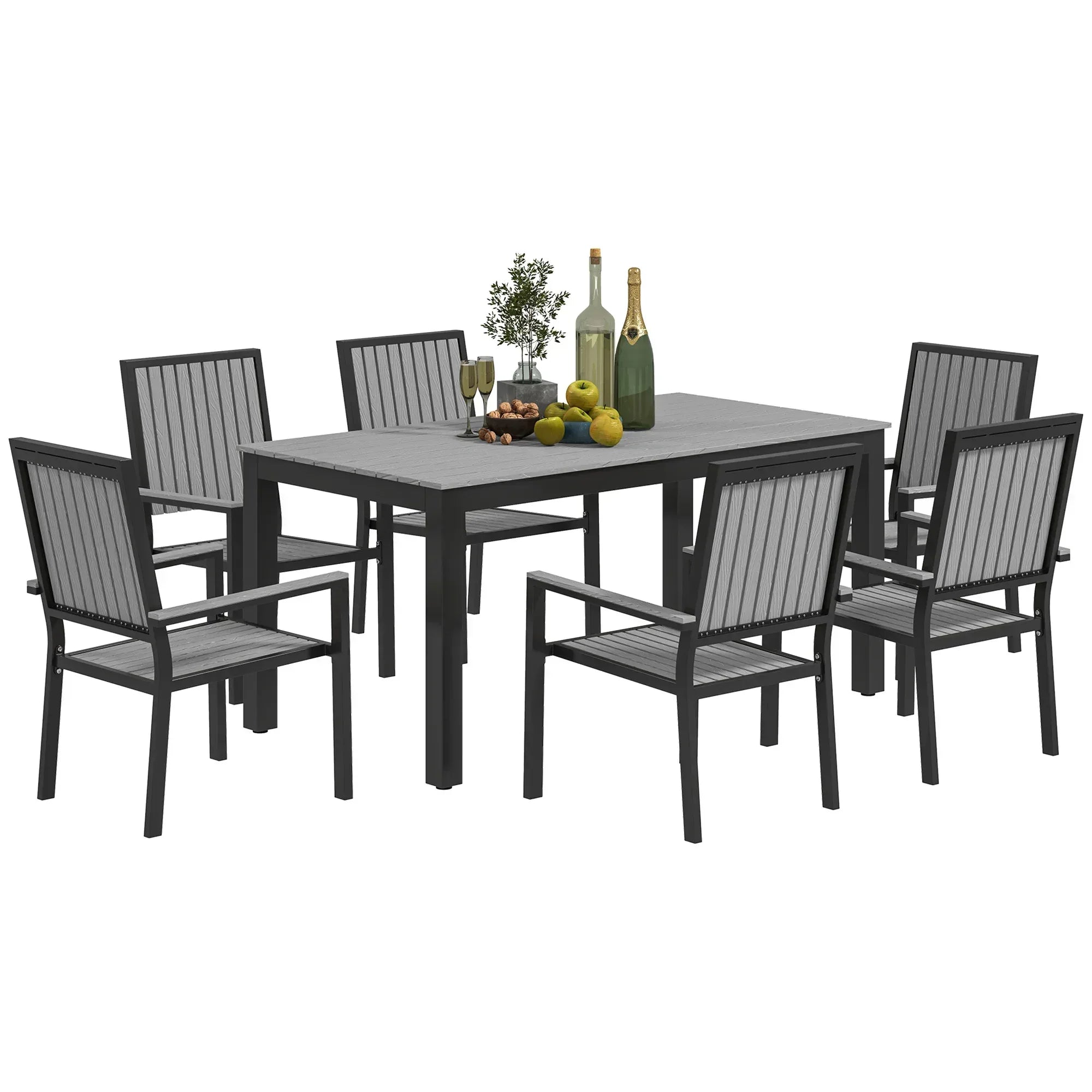 6 Seater Garden Dining Set with Stackable Chairs, Aluminium Frame, Rectangular Plastic Top, Garden Furniture Set, Outdoor Dining Table and Chairs for Patio, Balcony, Poolside, Grey - Bobobiy