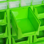 Green plastic drawer bay with open front and molded compartments in a parts organizer