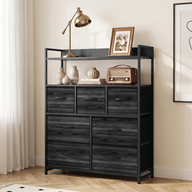 Black wood-effect chest of drawers with open shelf top and multiple drawer compartments