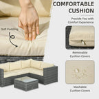 Beige outdoor seat cushion with zipper; shows removable and washable cushion cover
