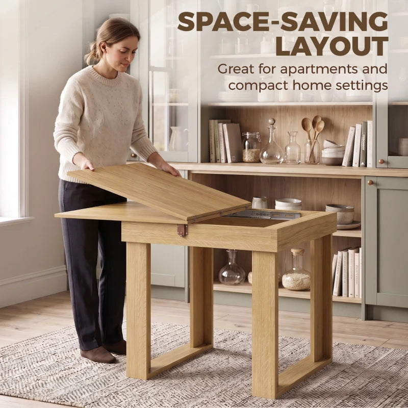 Space-saving folding dining table with oak-effect finish and open under-storage