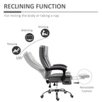Grey recline desk chair with retractable footrest, armrests, and swivel base