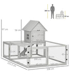 Light grey rabbit hutch with house and large fenced enclosure, shown with dimensions