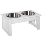 White raised pet feeding stand with two stainless steel bowls