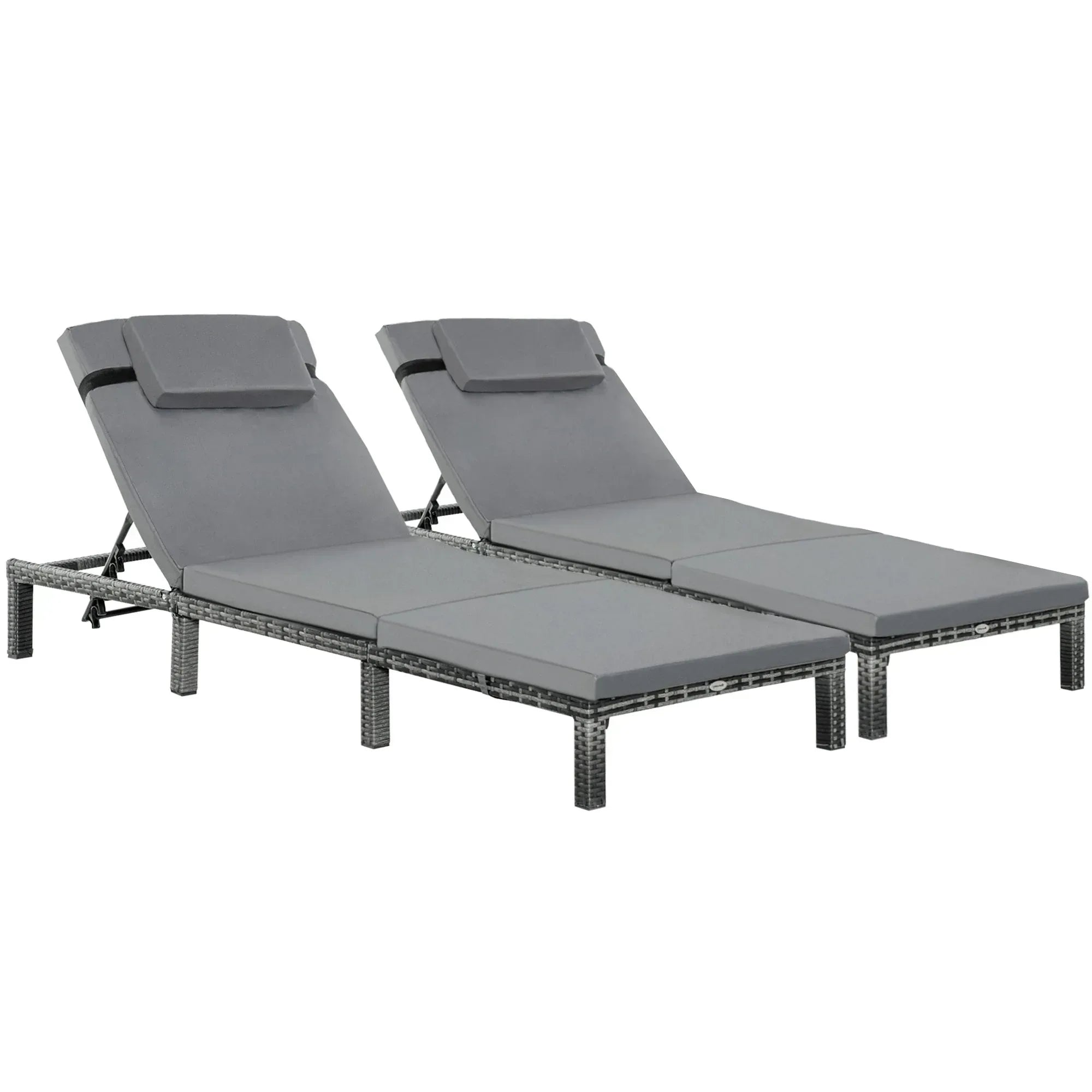 2 Pieces Outdoor PE Rattan Sun Loungers set of 2 with Cushion, Garden Wicker Sunbed Furniture with 5 - Level Recliner Backrest, Grey - Bobobiy