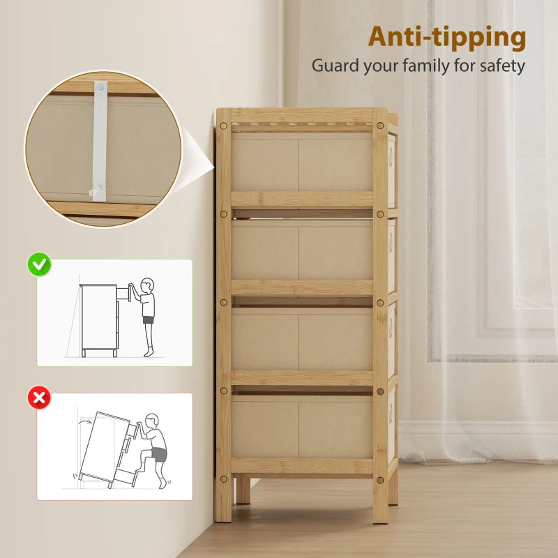 Bamboo-frame drawer chest with four cream fabric drawers and anti-tipping safety design