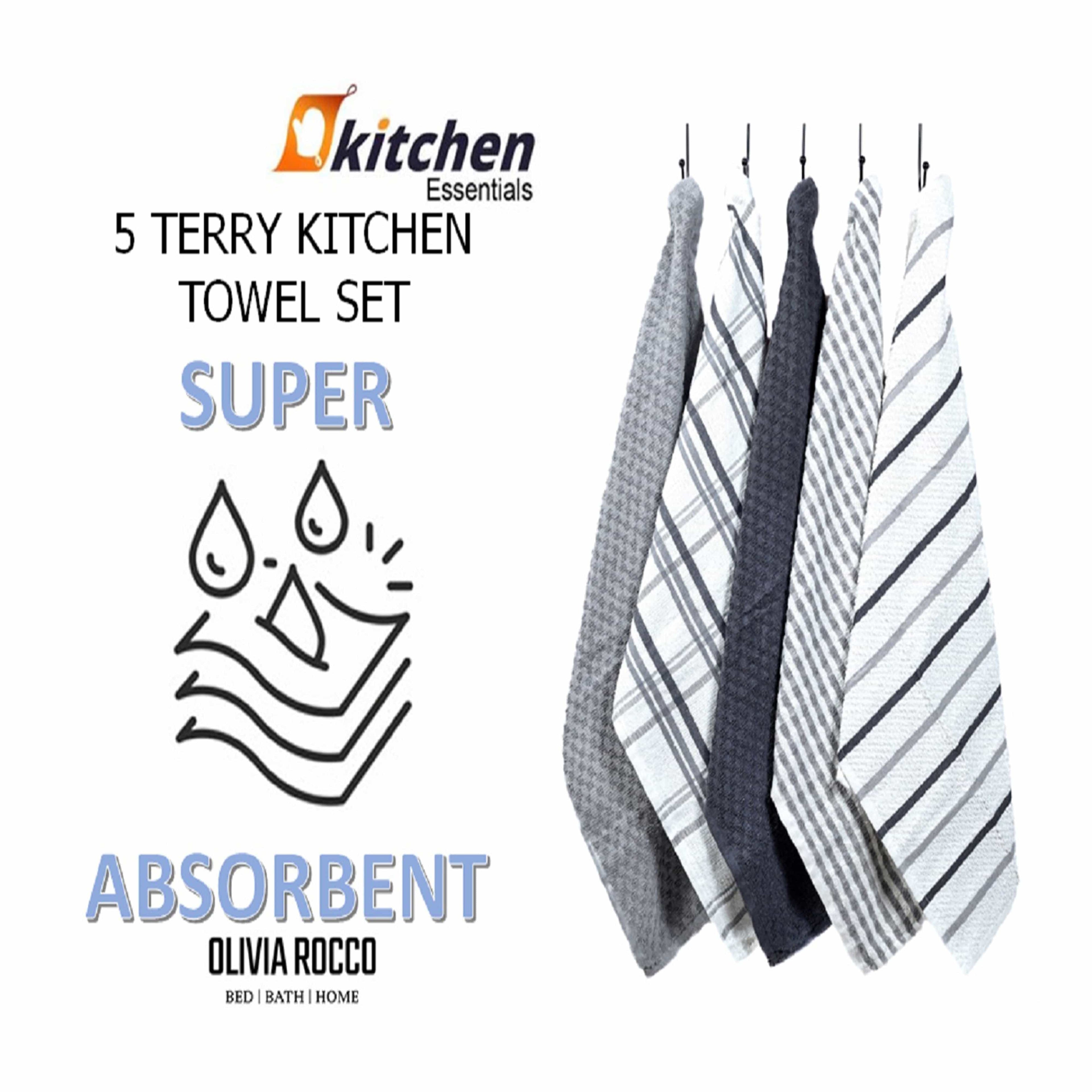 5 Pack Super Absorbent Check Quick Drying Cotton Terry Kitchen Tea Towels Durable Versatile Dish Towels for Home and Professional Use 45cm x 65cm