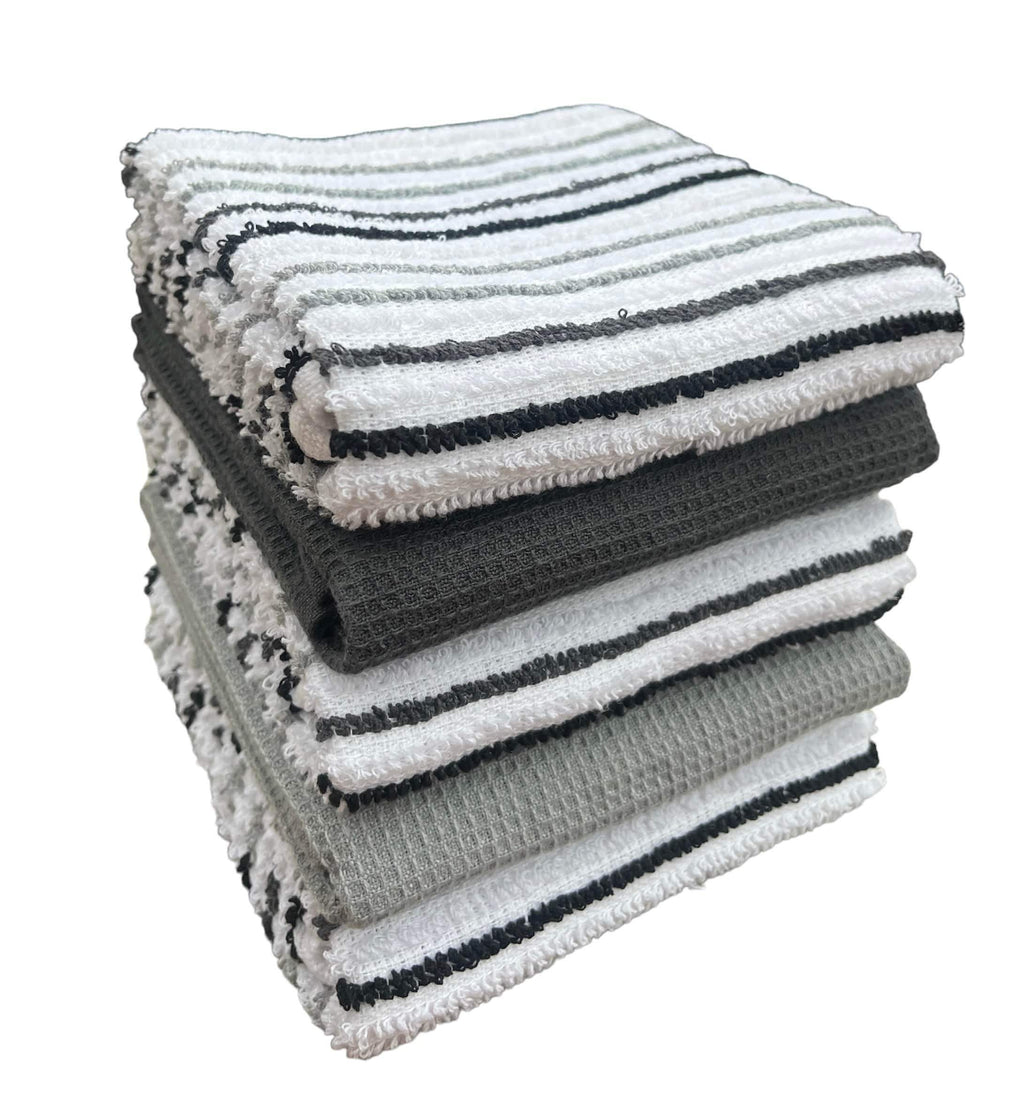 Set of striped cotton kitchen tea towels in white and gray with black stripes, ribbed waffle weave