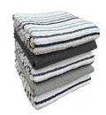 Set of striped cotton kitchen tea towels in white and gray with black stripes, ribbed waffle weave