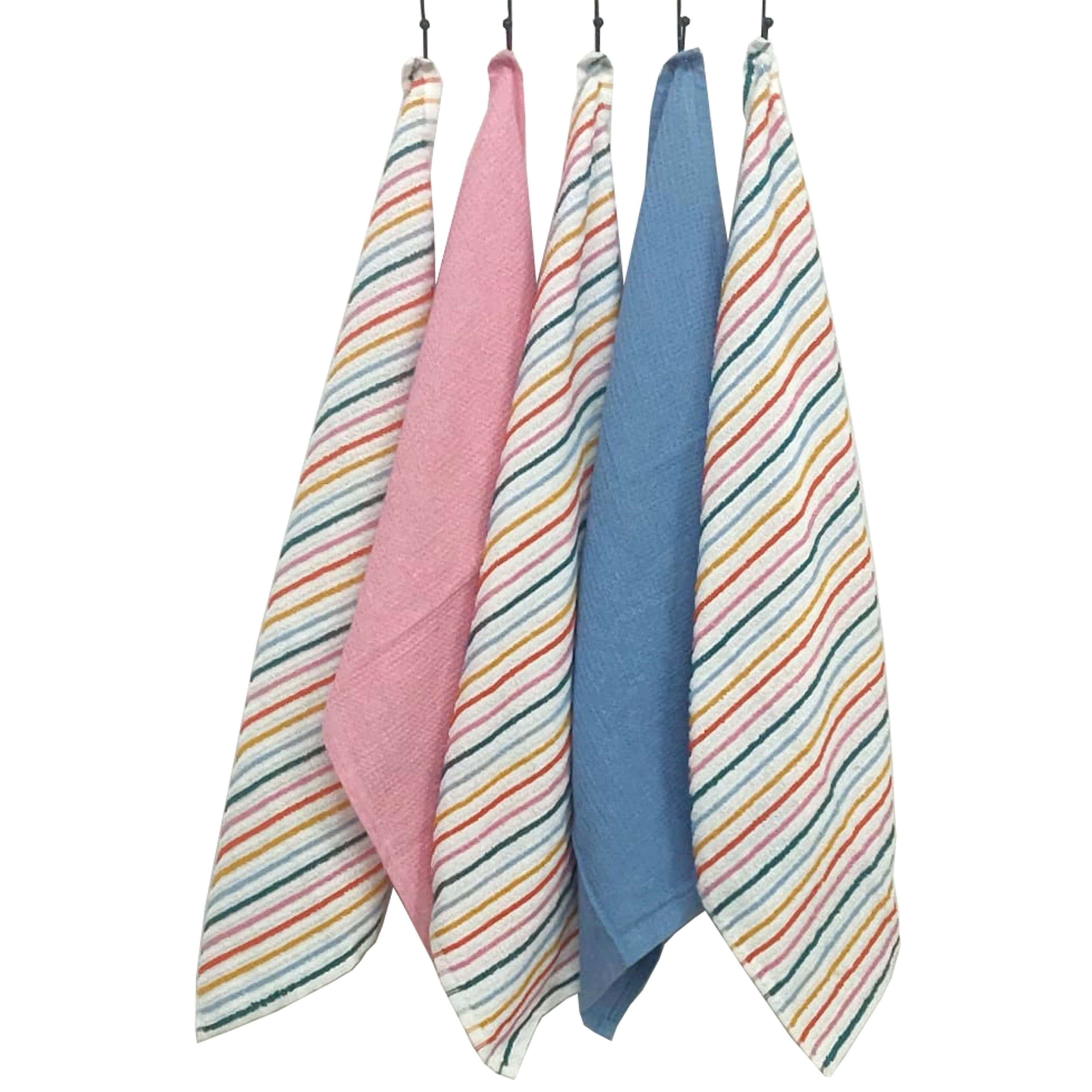 5 Pack Super Absorbent Cotton Kitchen Tea Towels Striped Quick Drying Reusable Ribbed Waffle 45cm x 65cm