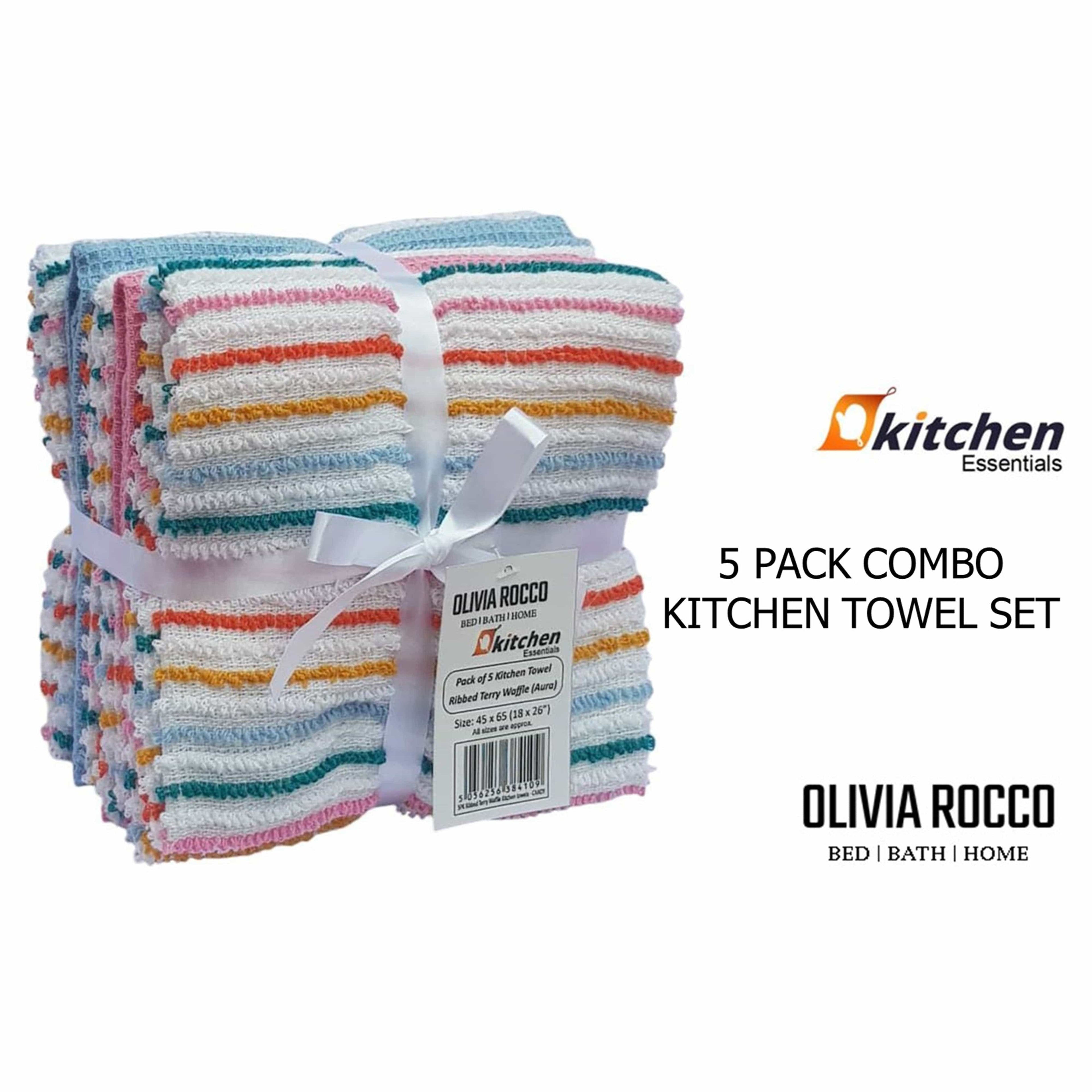 5 Pack Super Absorbent Cotton Kitchen Tea Towels Striped Quick Drying Reusable Ribbed Waffle 45cm x 65cm