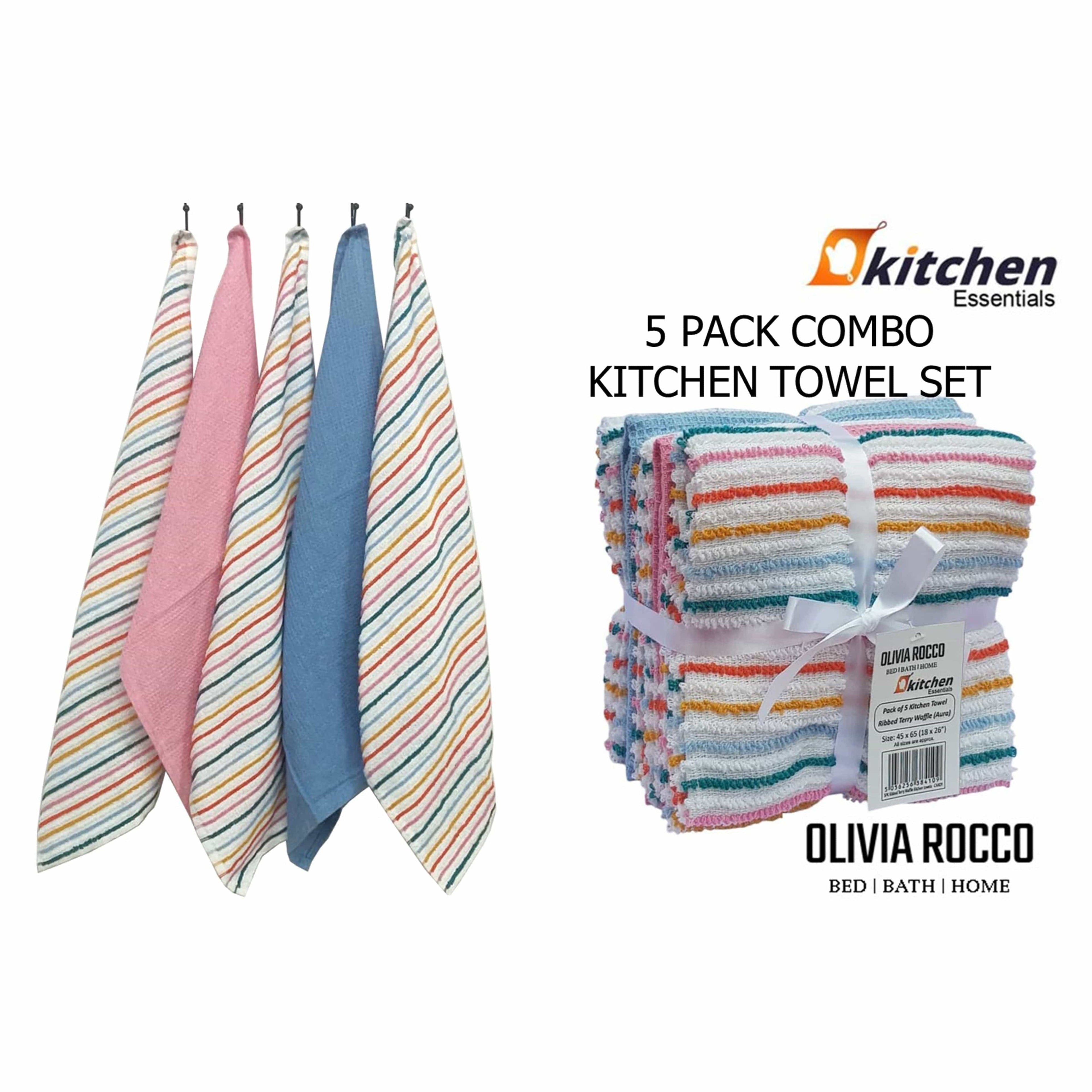 5 Pack Super Absorbent Cotton Kitchen Tea Towels Striped Quick Drying Reusable Ribbed Waffle 45cm x 65cm