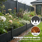 Black powder-coated metal picket fence panels along garden walkway border.