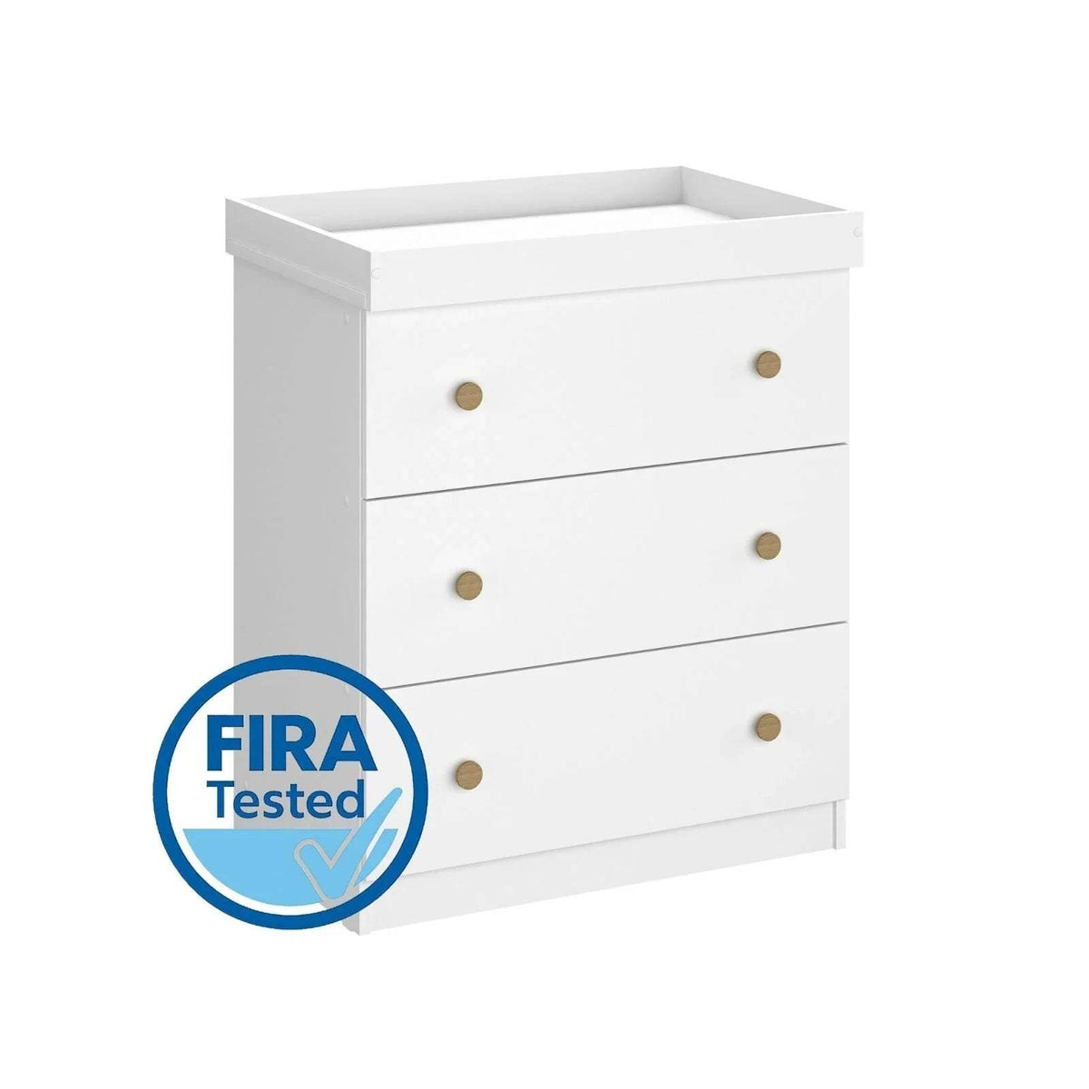 White changing dresser front with three drawer fronts and gold knobs