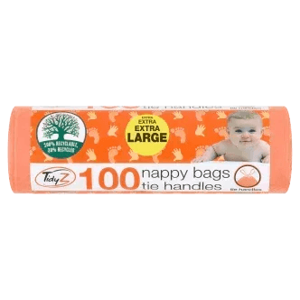 Extra large nappy bags pack, 100 count, orange package