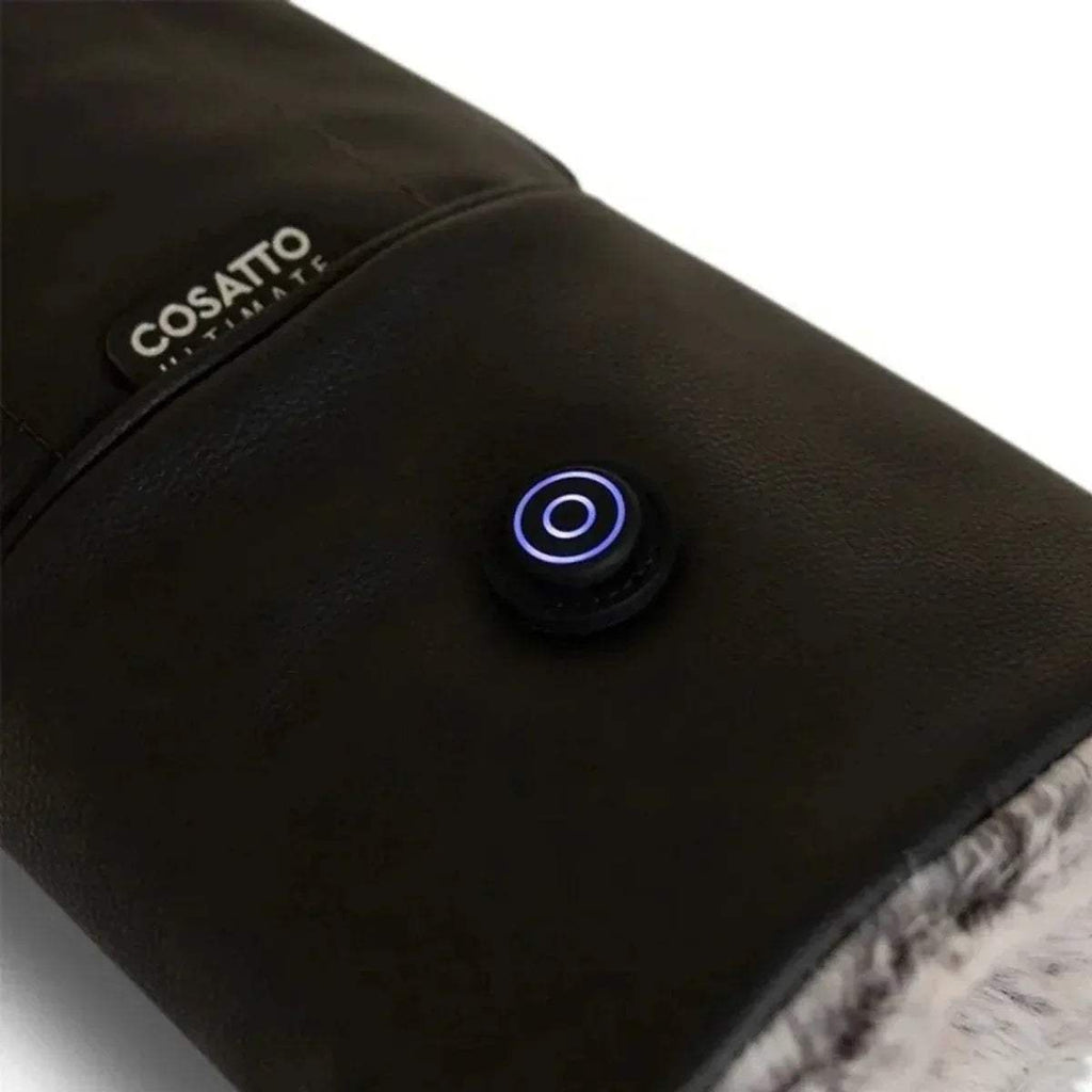 Black snuggle mitt with COSATTO label and blue-lit round control button