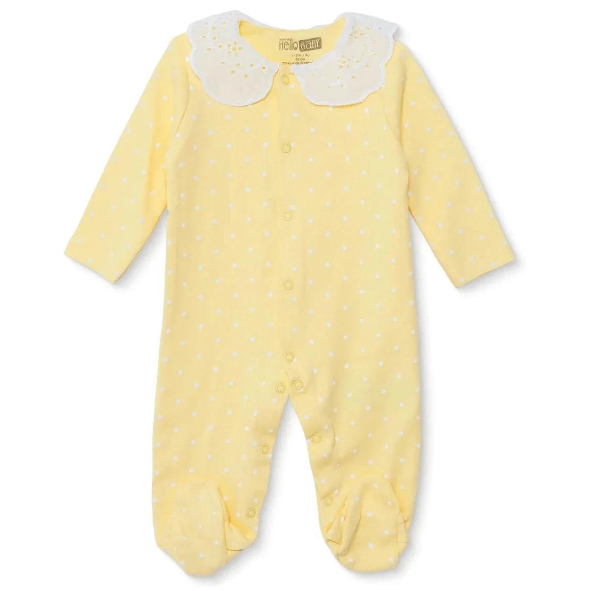 Yellow polka-dot long-sleeve baby sleepsuit with footies and snap closure