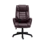 Brown PU office chair with padded seat, headrest, and armrests on swivel base